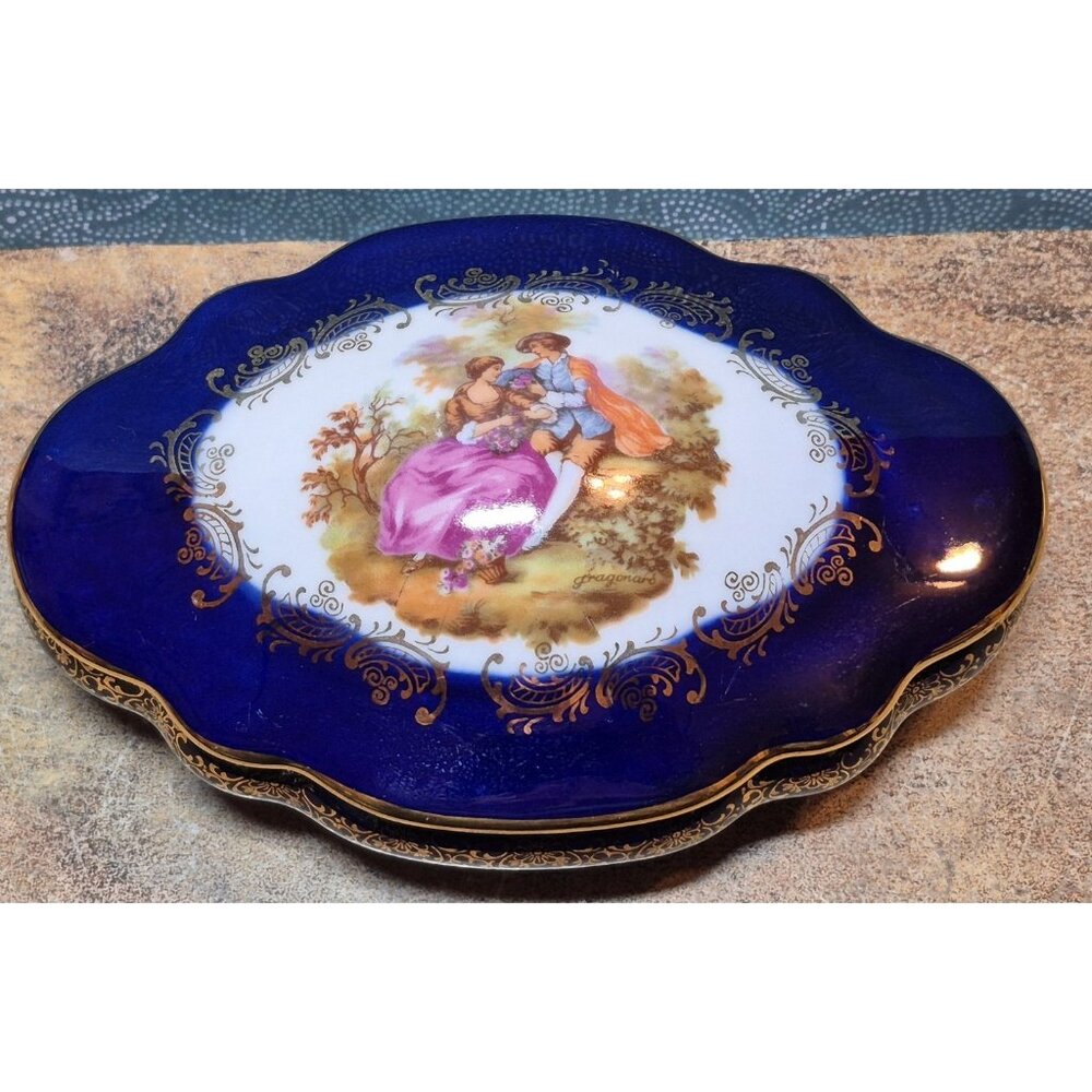 Limoges Castel Porcelain Trinket Or Jewelry Box Cobalt Blue W/ Courting Couple